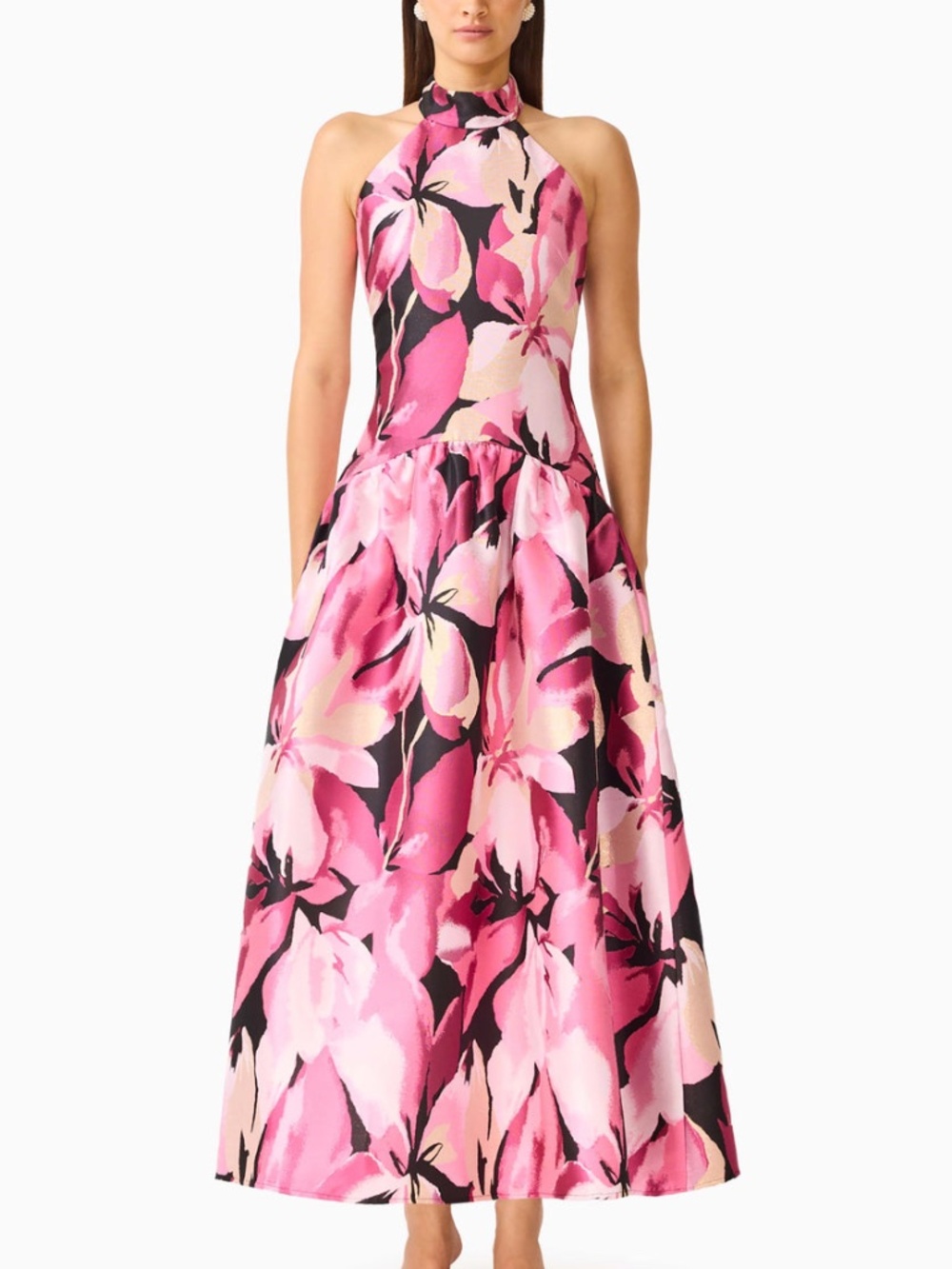 Elliatt Lumiflora Halter Gown Maxi Dress Floral Black Pink Jacquard - Small